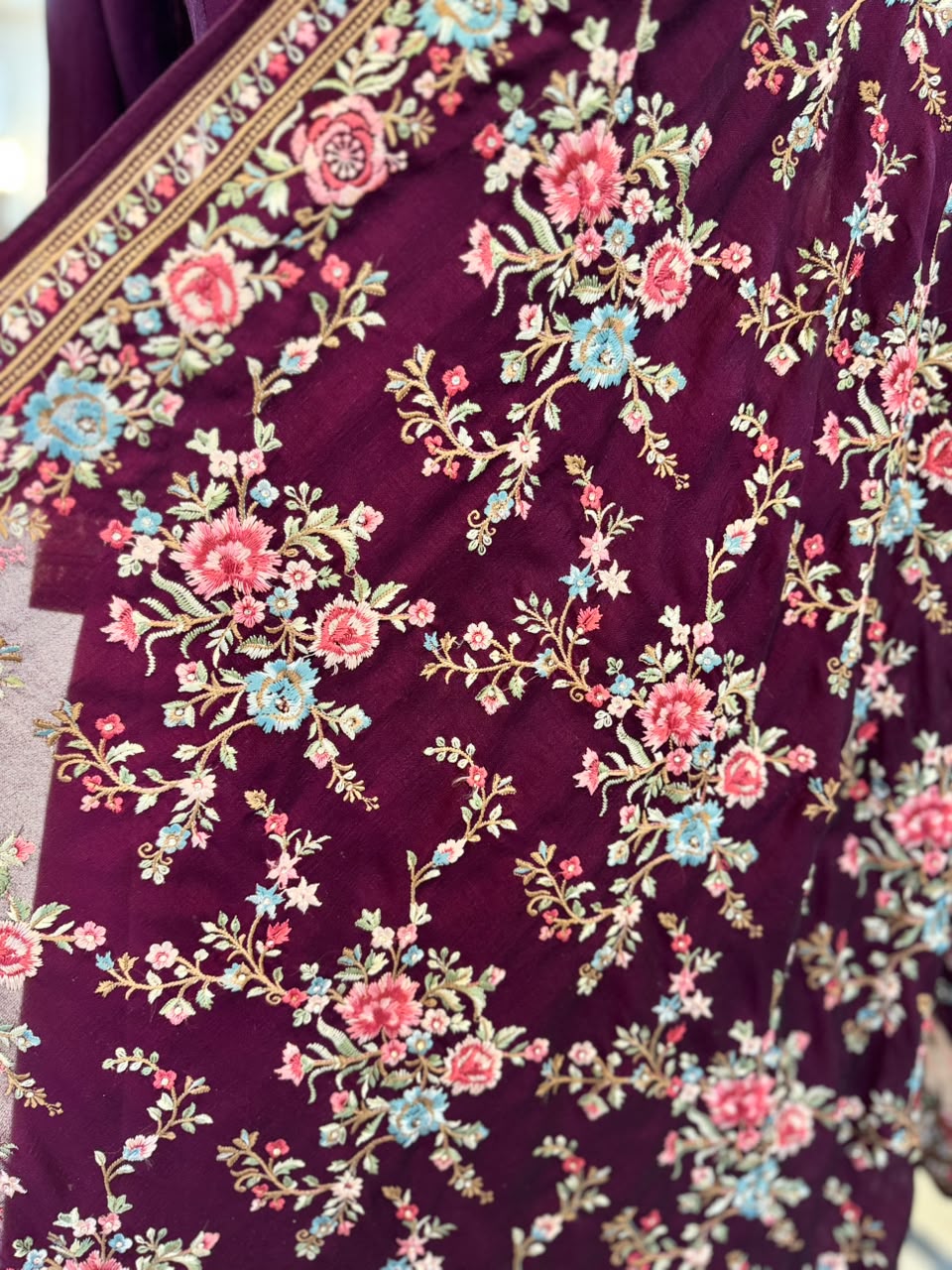 Deep Wine Parsi Work Embroidered Anarkali Suit