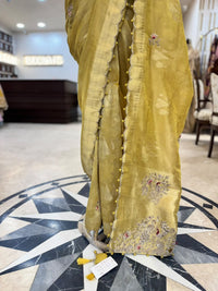 Mustard Gold Embroidered Silk Saree with Scalloped Border
