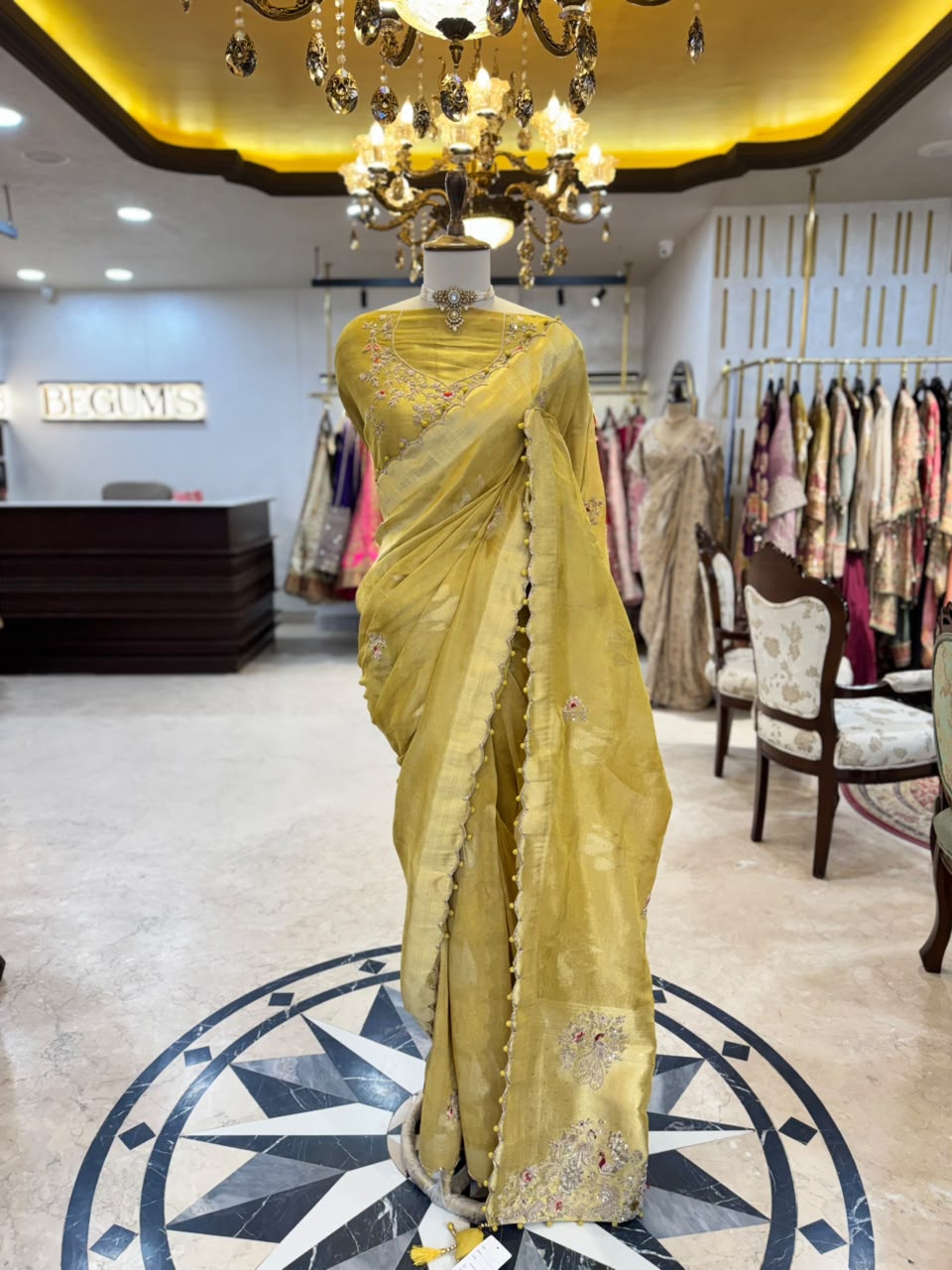 Mustard Gold Embroidered Silk Saree with Scalloped Border