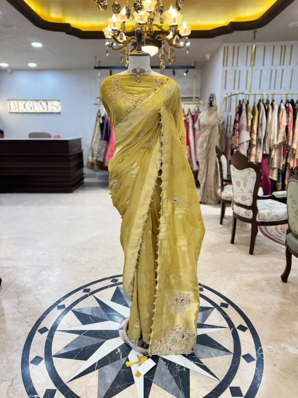 Mustard Gold Embroidered Silk Saree with Scalloped Border