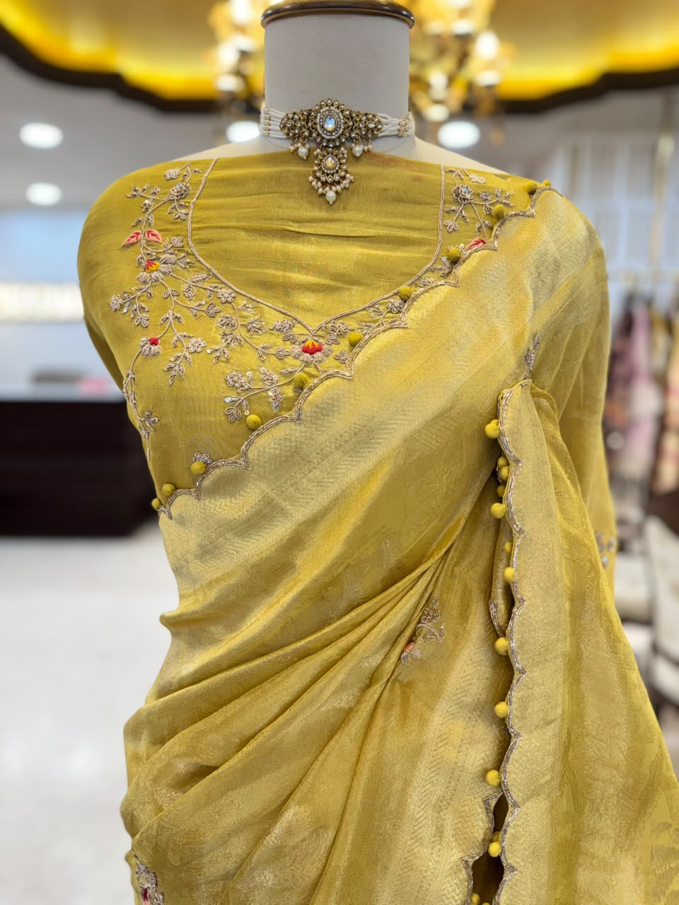 Mustard Gold Embroidered Silk Saree with Scalloped Border