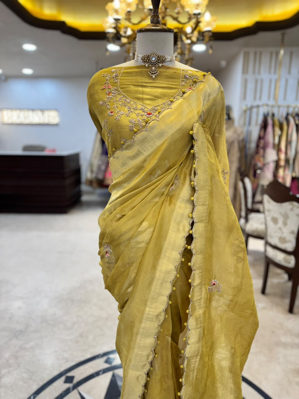 Mustard Gold Embroidered Silk Saree with Scalloped Border
