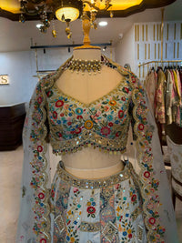 Grey Silk & Net Resham & Mirror-Work Anarkali Suit Set