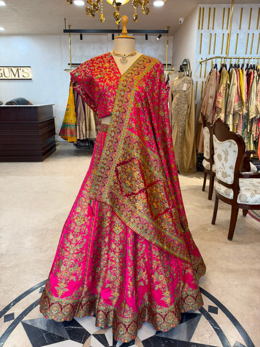 Magenta Pink Satin Silk Khaddi Weave Saree Set