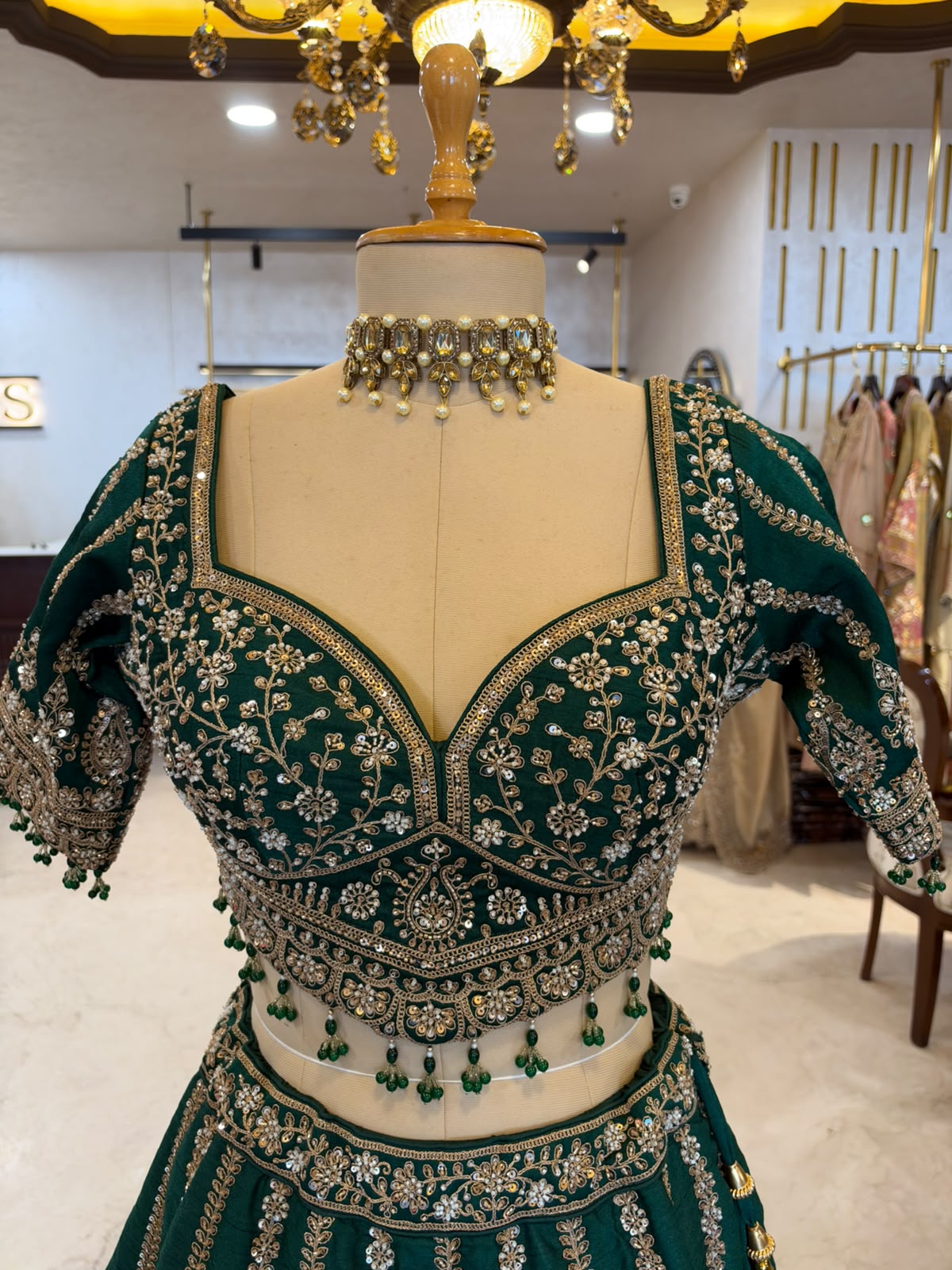 Emerald Green Maheshwari Silk & Net Embroidered Anarkali Suit