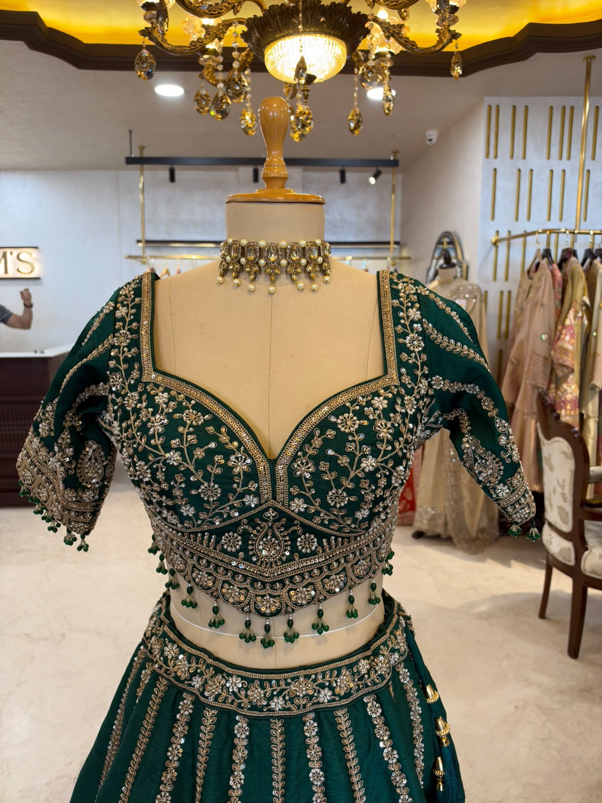 Emerald Green Maheshwari Silk & Net Embroidered Anarkali Suit