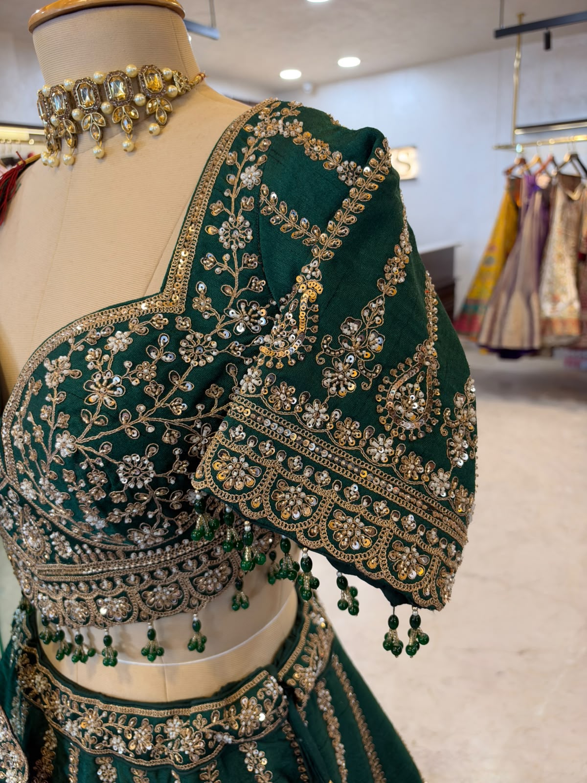 Emerald Green Maheshwari Silk & Net Embroidered Anarkali Suit