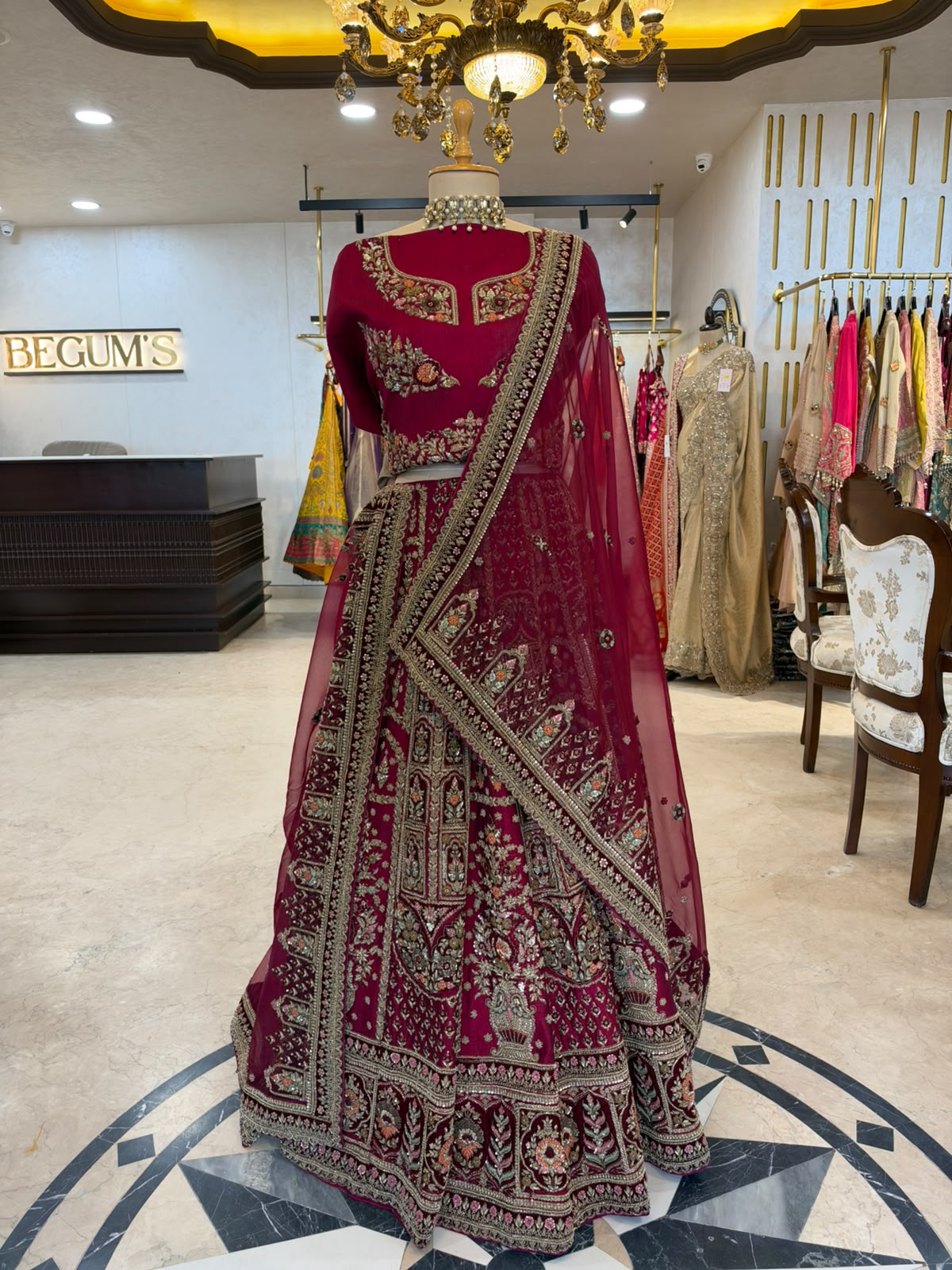 Deep Maroon Pure Raw Silk & Net Bridal Anarkali Suit Set