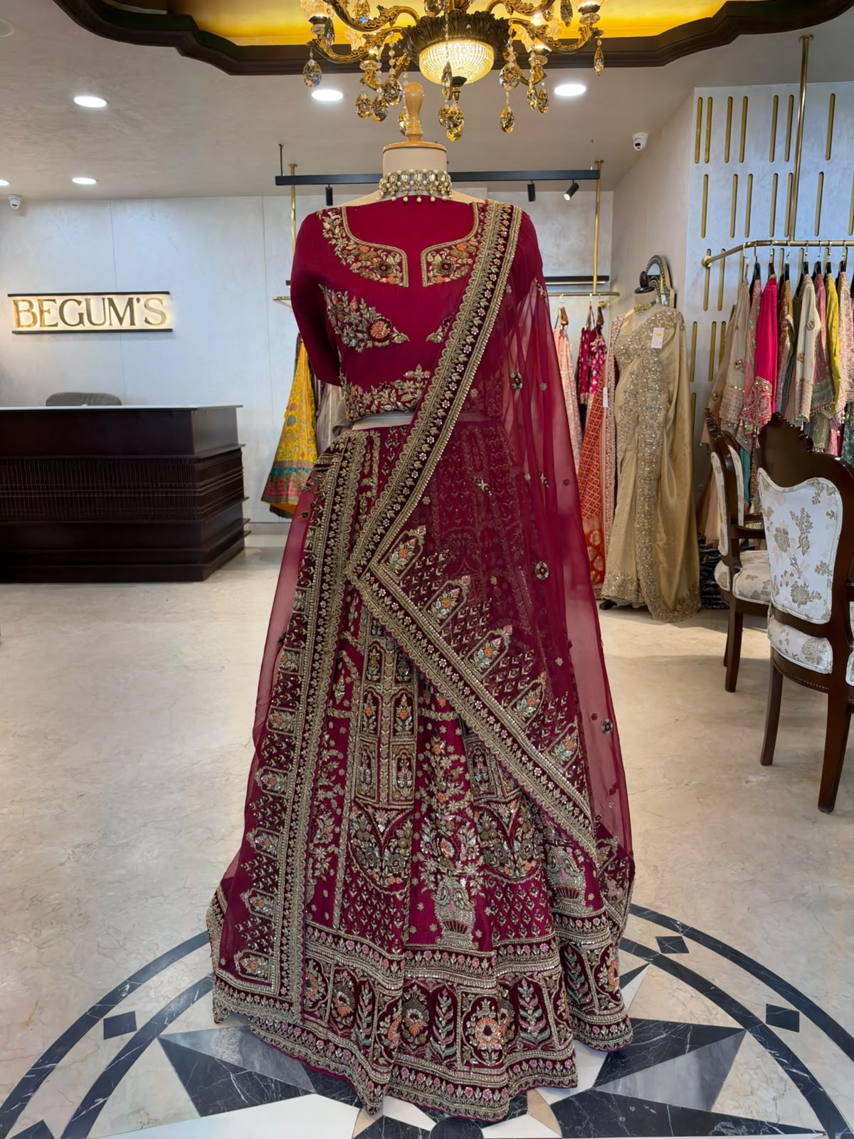 Deep Maroon Pure Raw Silk & Net Bridal Anarkali Suit Set