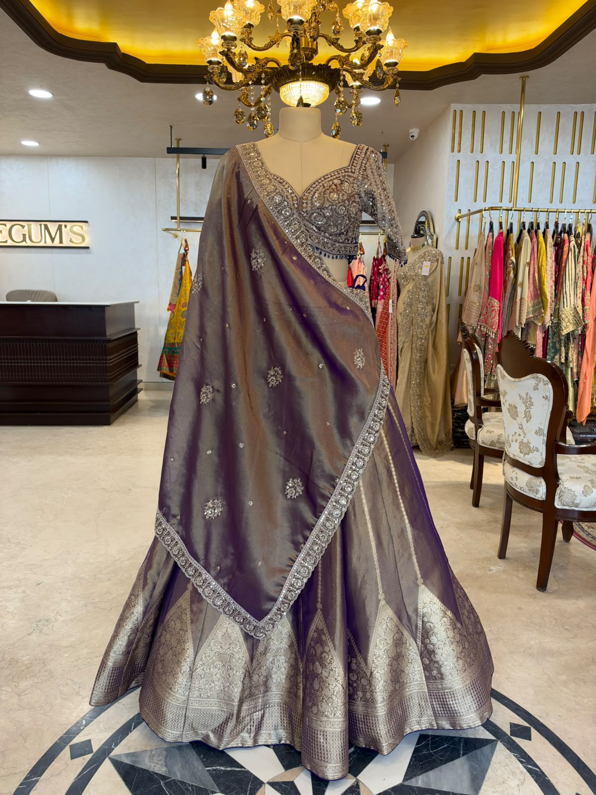 Taupe & Deep Mauve Embroidered Lehenga Set