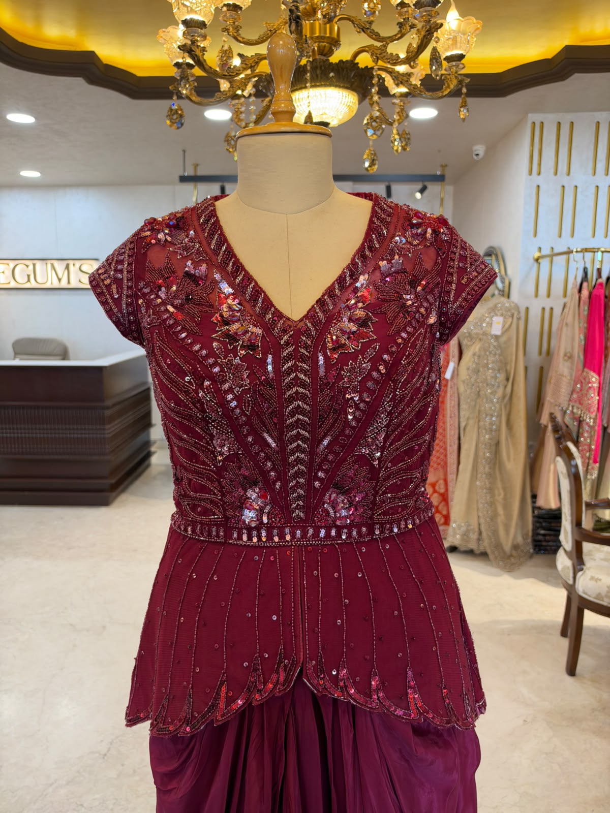 Wine Maroon Sequin Peplum Suit Set