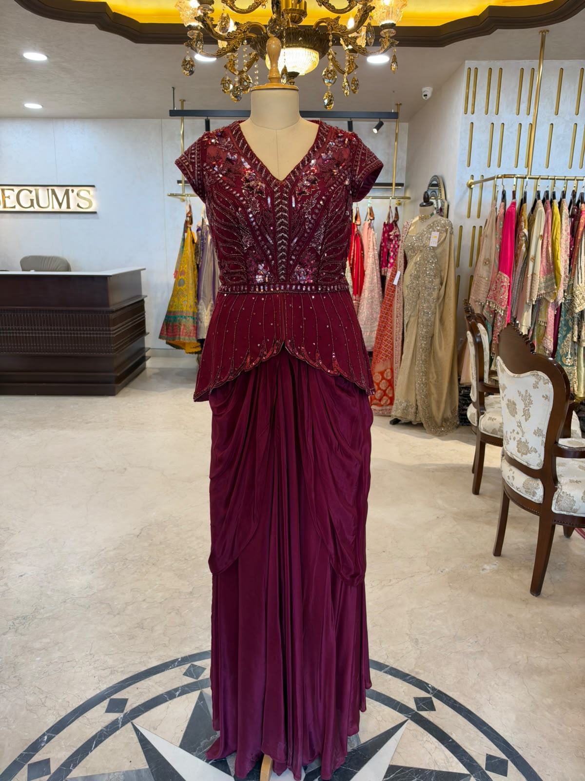 Wine Maroon Sequin Peplum Suit Set