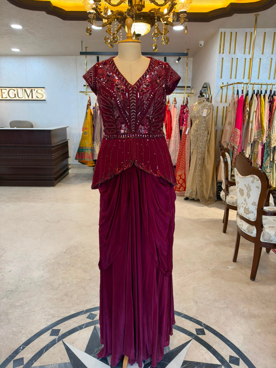 Wine Maroon Sequin Peplum Suit Set