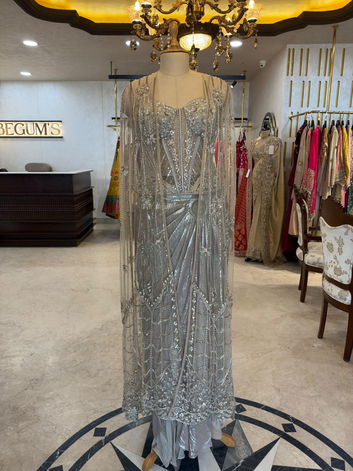 Silver-Grey Embellished Corset Saree Set