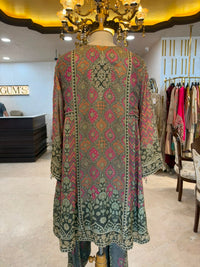 Grey, Pink & Orange Embroidered Farshi Salwar Suit Set