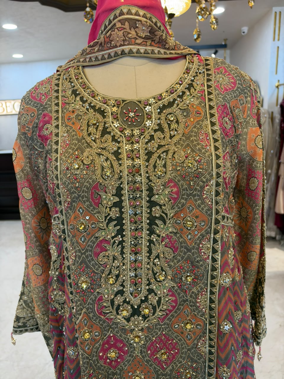 Grey, Pink & Orange Embroidered Farshi Salwar Suit Set