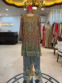 Grey, Pink & Orange Embroidered Farshi Salwar Suit Set