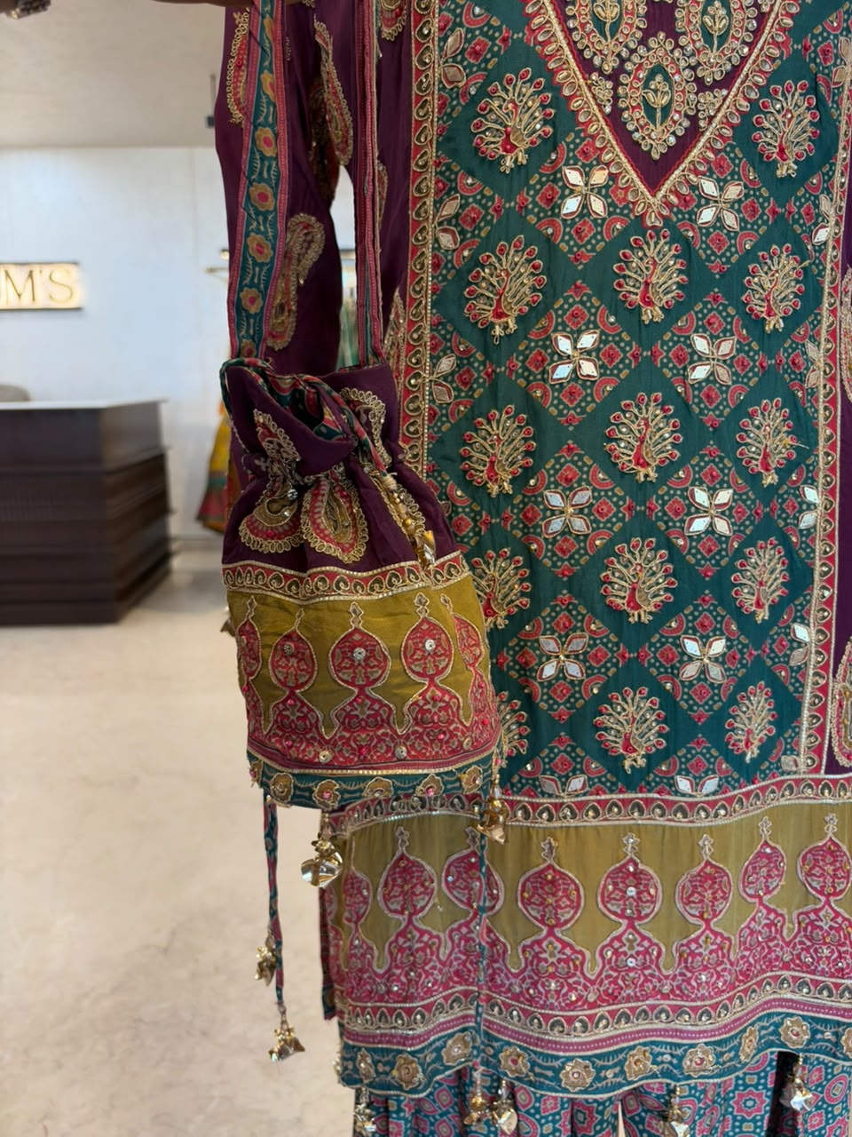 Purple & Teal Embroidered Farshi Salwar Suit Set