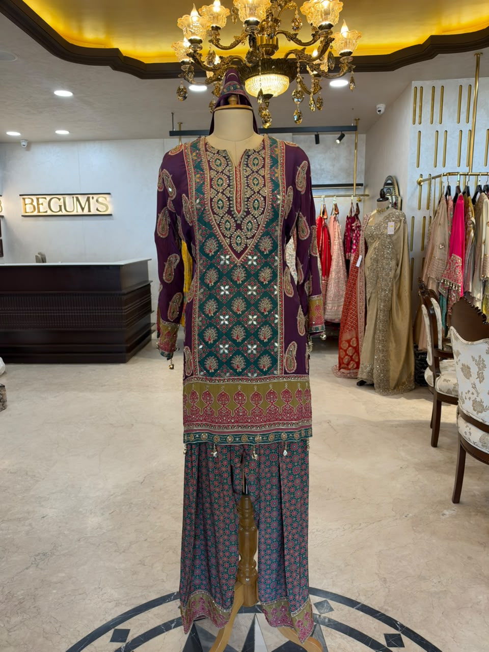 Purple & Teal Embroidered Farshi Salwar Suit Set