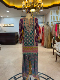 Purple & Teal Embroidered Farshi Salwar Suit Set