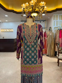 Purple & Teal Embroidered Farshi Salwar Suit Set