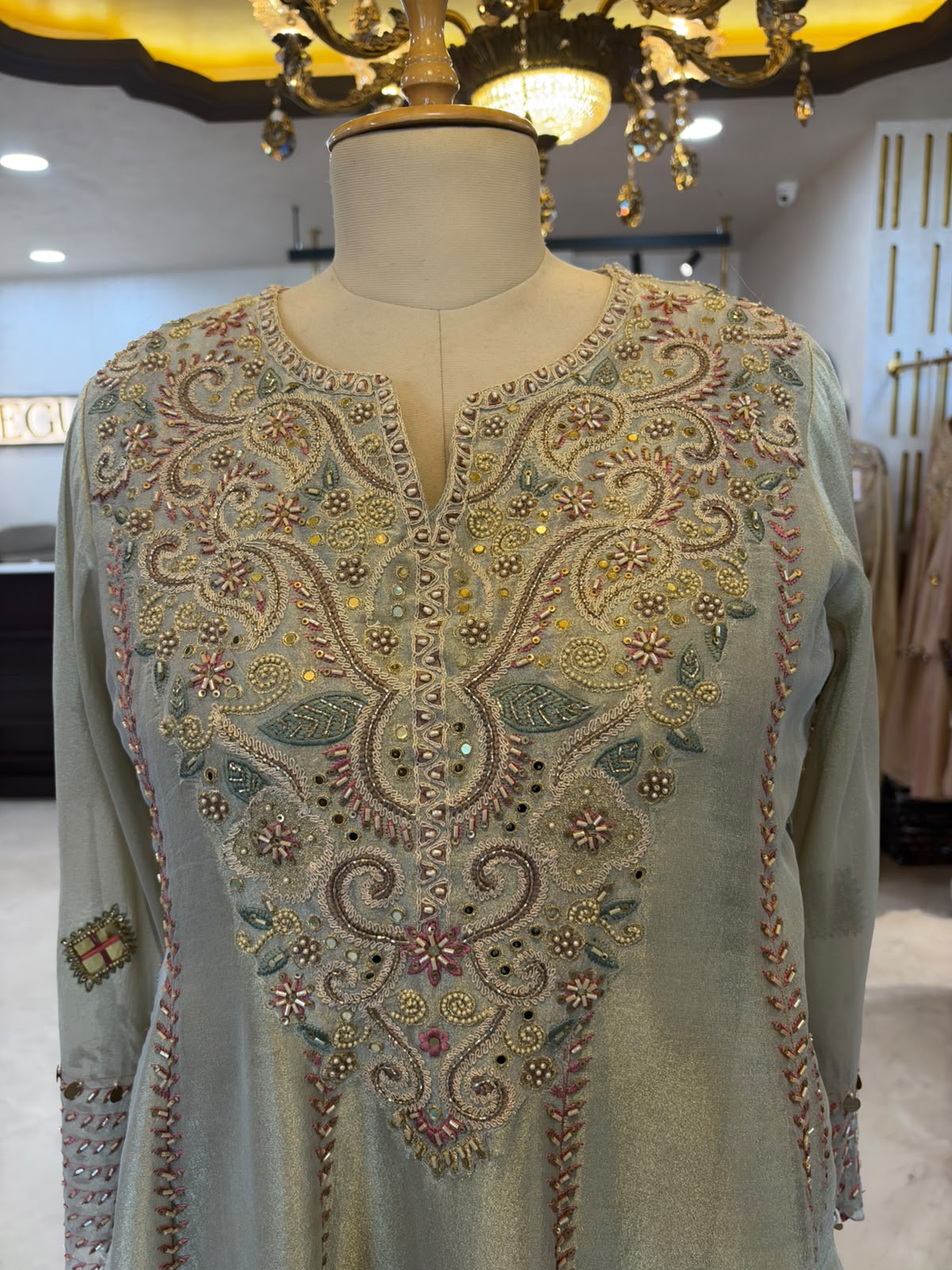 Sage Green Embroidered Choga Set