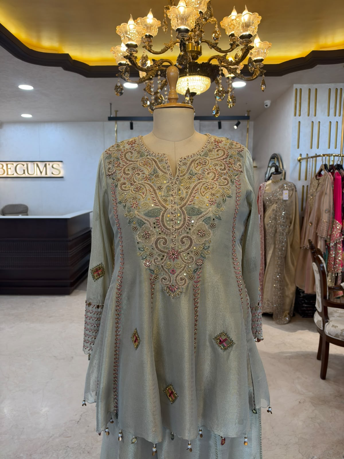 Sage Green Embroidered Choga Set