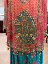 Pink & Teal Embroidered Farshi Salwar Suit Set