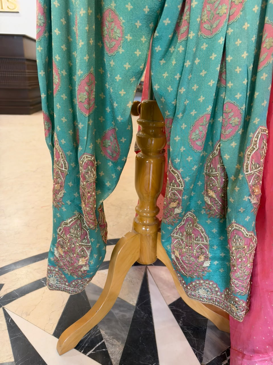 Pink & Teal Embroidered Farshi Salwar Suit Set