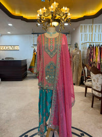 Pink & Teal Embroidered Farshi Salwar Suit Set