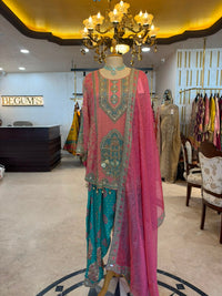 Pink & Teal Embroidered Farshi Salwar Suit Set
