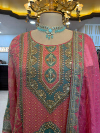 Pink & Teal Embroidered Farshi Salwar Suit Set