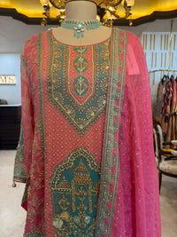 Pink & Teal Embroidered Farshi Salwar Suit Set