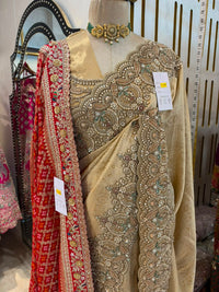 Champagne Gold & Red Embroidered Saree with Dupatta Set