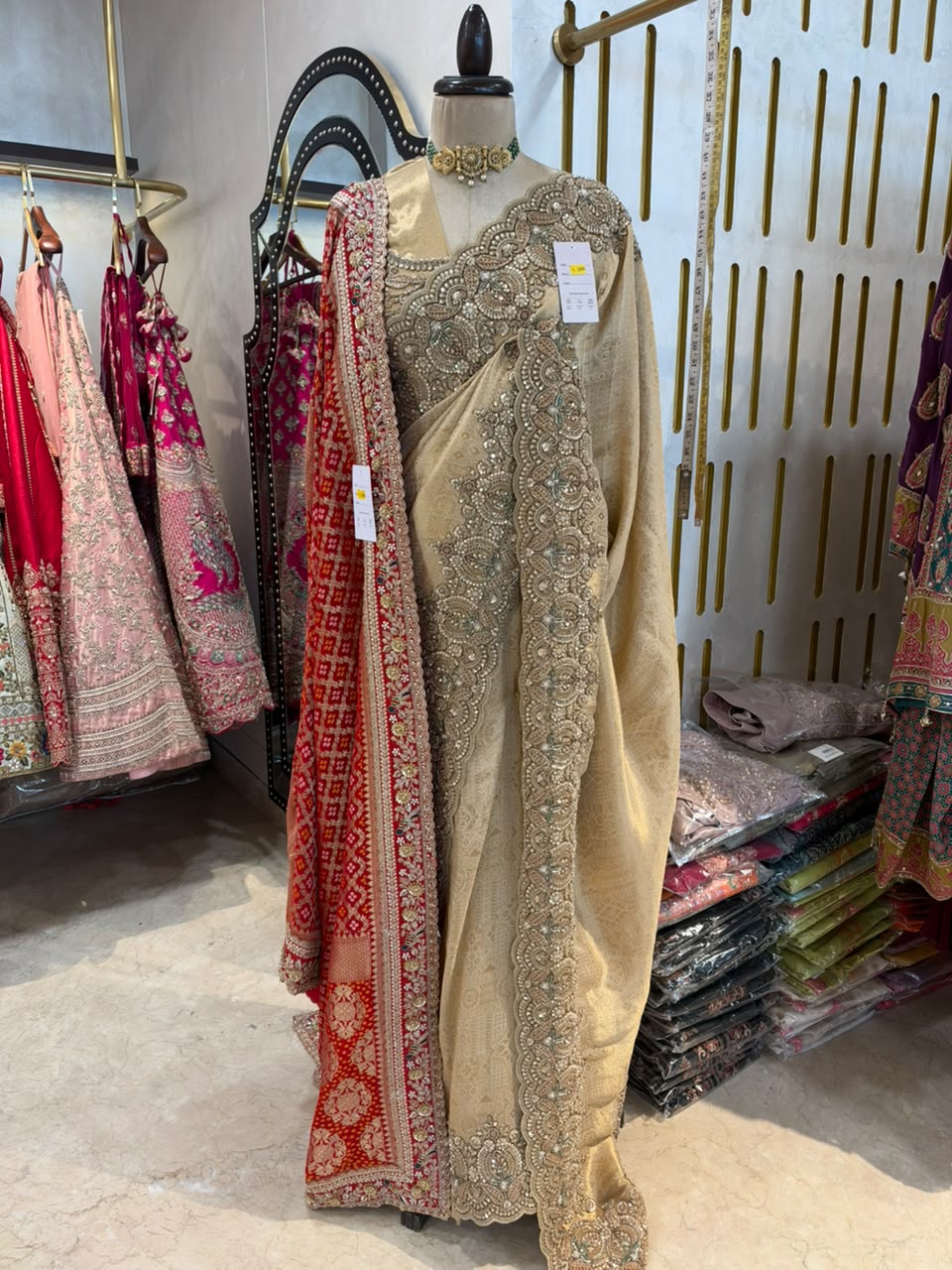 Champagne Gold & Red Embroidered Saree with Dupatta Set