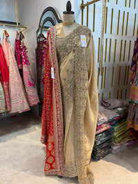 Champagne Gold & Red Embroidered Saree with Dupatta Set