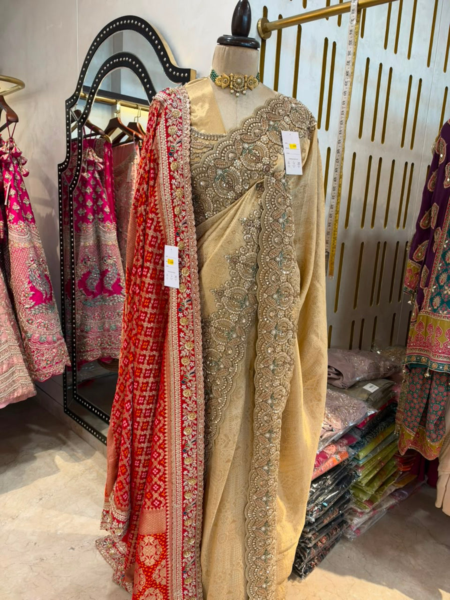 Champagne Gold & Red Embroidered Saree with Dupatta Set