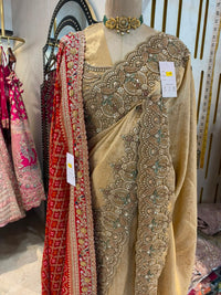 Champagne Gold & Red Embroidered Saree with Dupatta Set