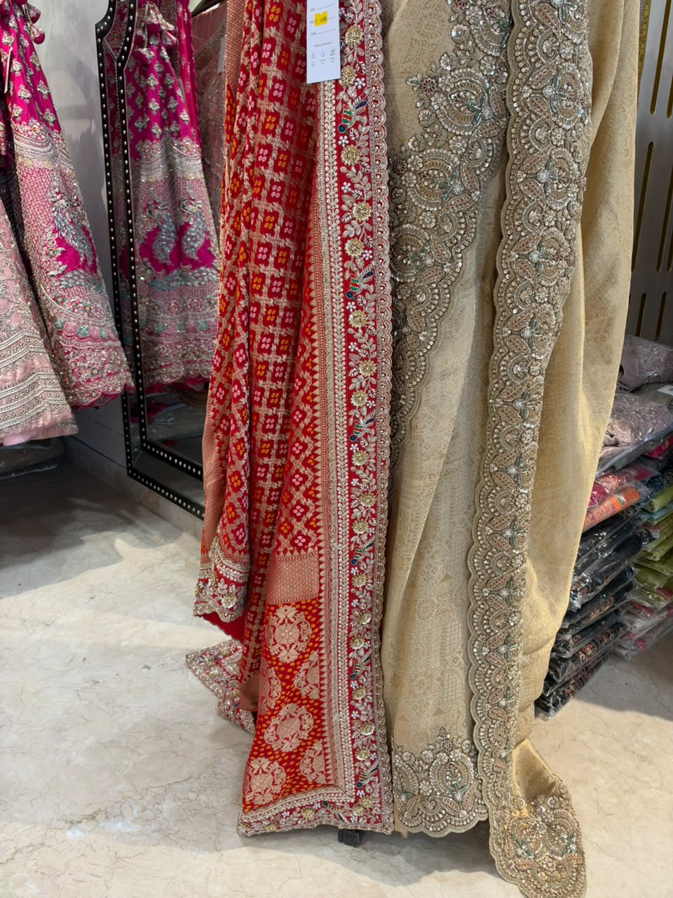 Champagne Gold & Red Embroidered Saree with Dupatta Set