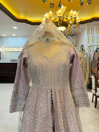 Dusty Pink Embroidered Anarkali & Lehenga Set