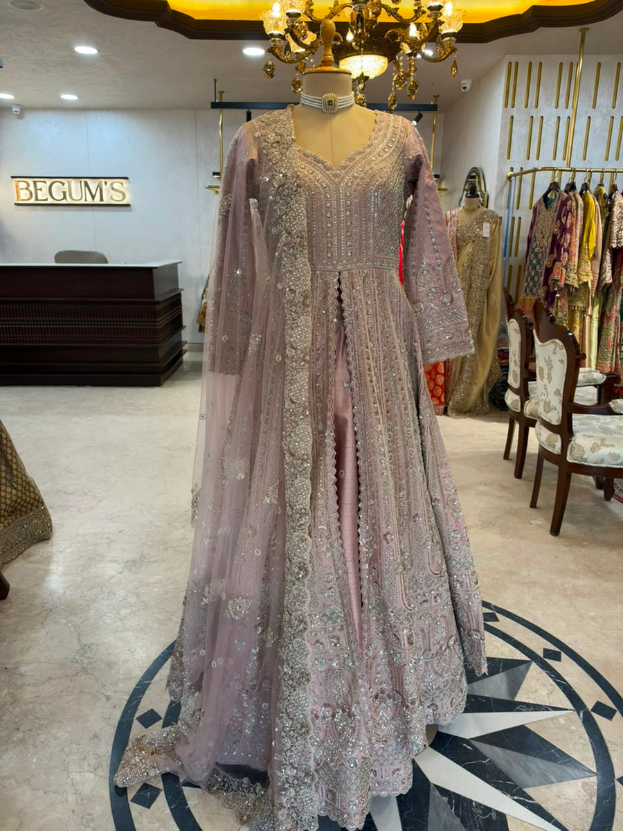 Dusty Pink Embroidered Anarkali & Lehenga Set