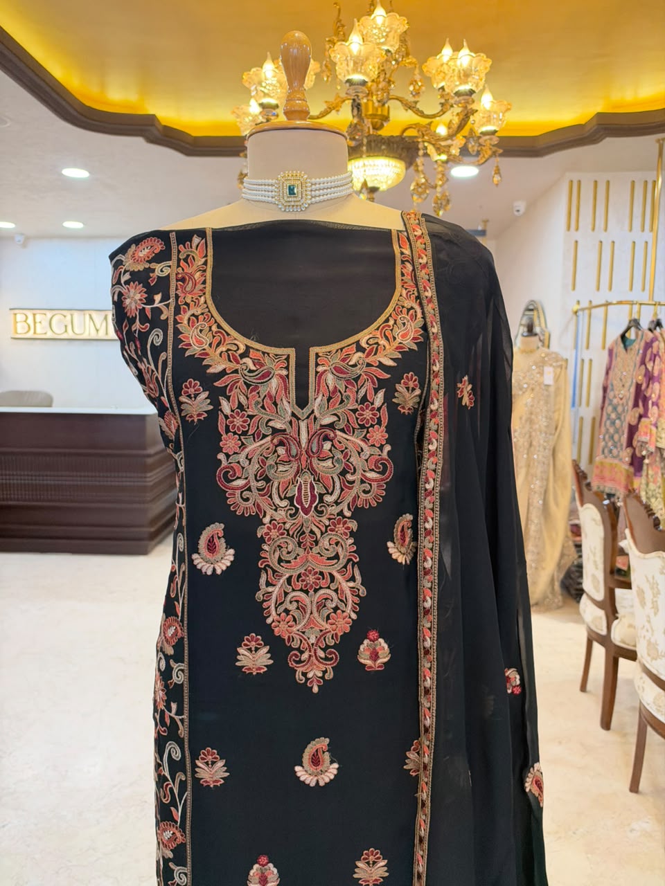 Black Floral Embroidered Festive Suit Set