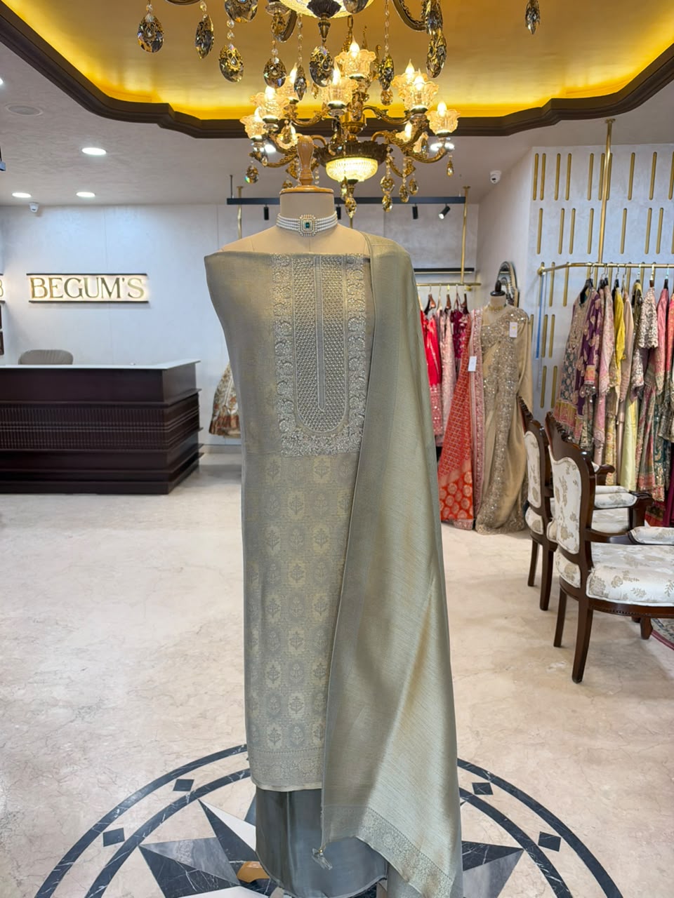 Sage Green & Champagne Embroidered Festive Suit Set