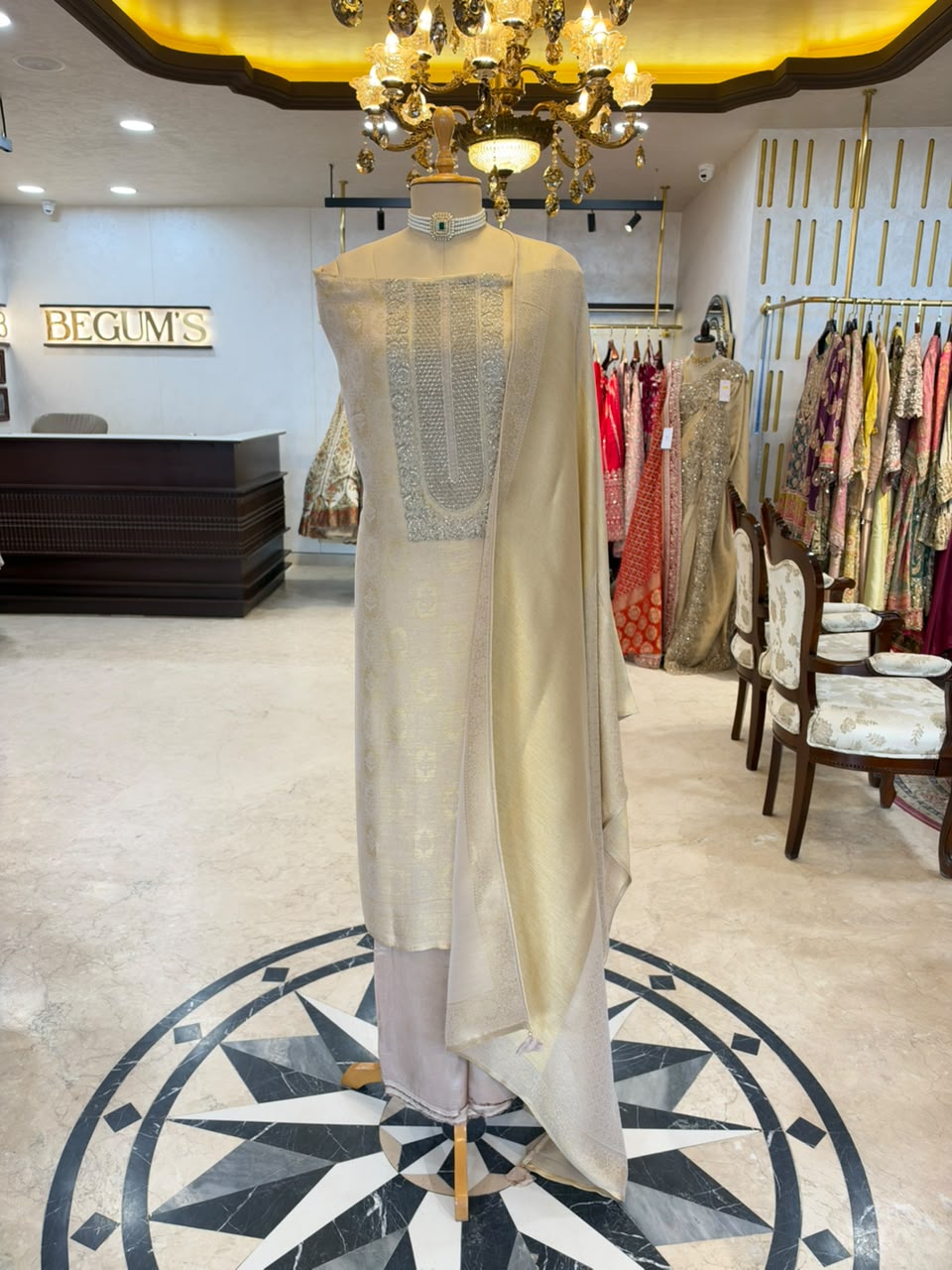 Ivory & Champagne Embroidered Festive Suit Set