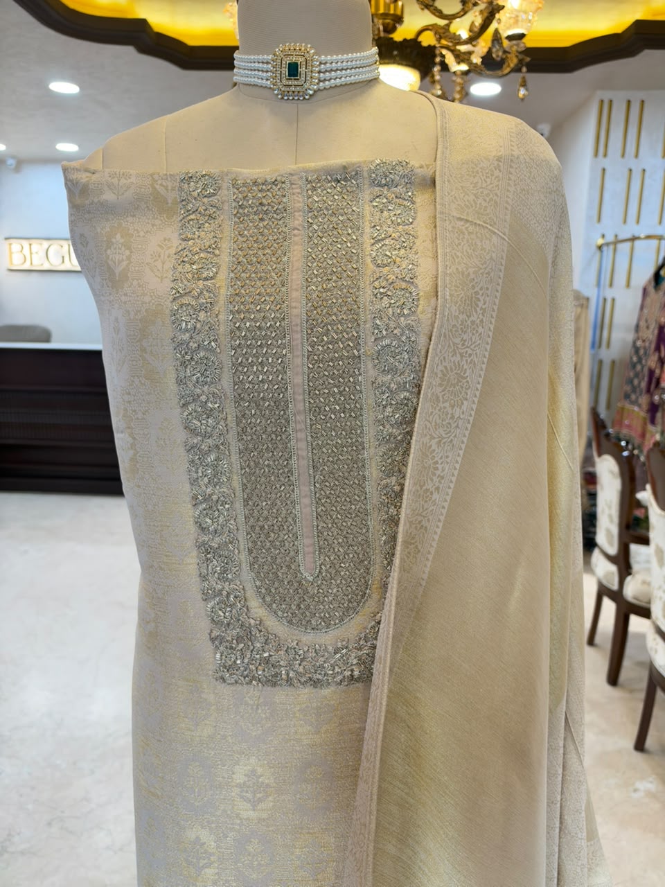 Ivory & Champagne Embroidered Festive Suit Set