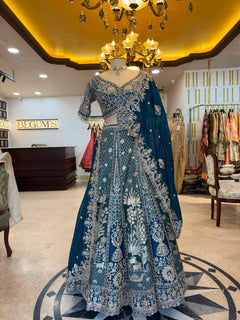 Peacock Blue Maheshwari Silk Embroidered Bridal Lehenga Set