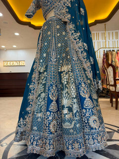 Peacock Blue Maheshwari Silk Embroidered Bridal Lehenga Set