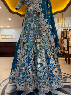 Peacock Blue Maheshwari Silk Embroidered Bridal Lehenga Set