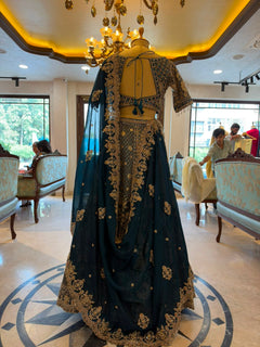 Peacock Blue Maheshwari Silk Embroidered Bridal Lehenga Set