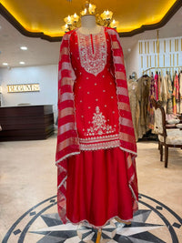 Red Satin Silk Embroidered Sharara Set